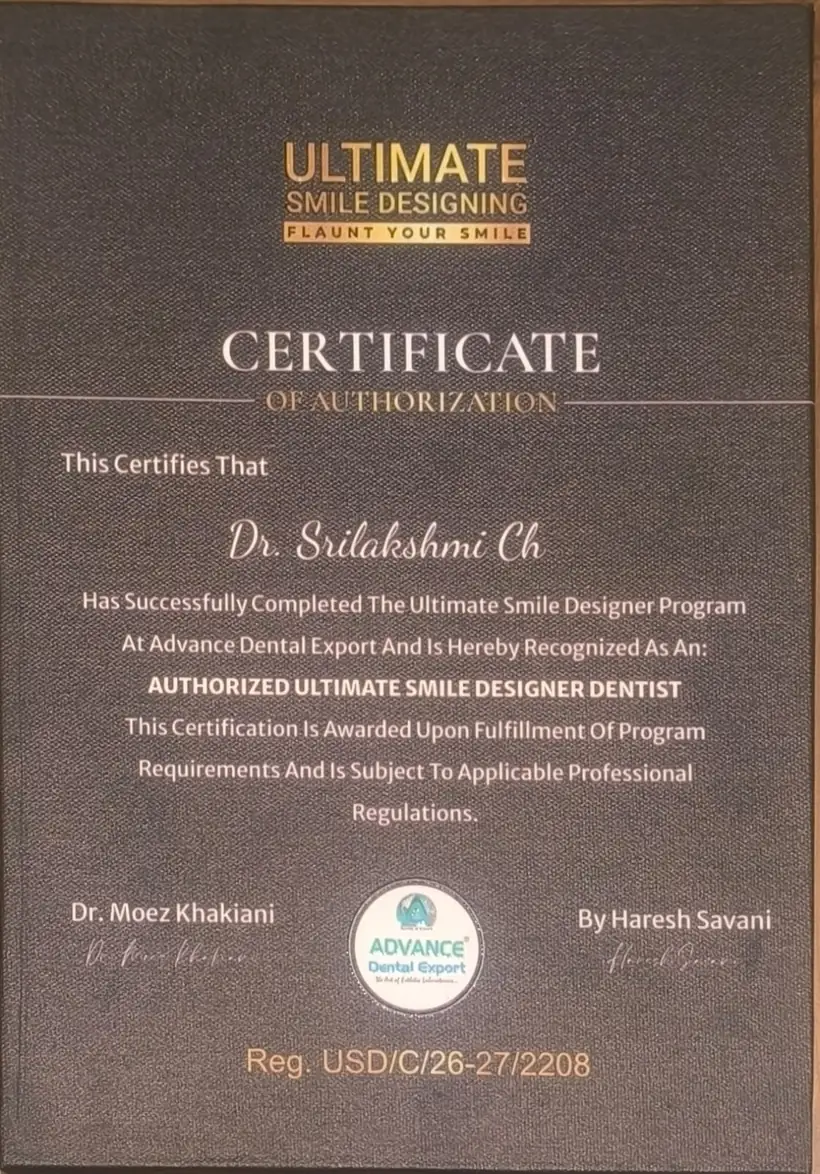 Complete Ultimate Smile Designing Certificate of Authorization issued by Advance Dental Export to Dr. Srilakshmi Ch., programme reference USD/C/26-27/2208